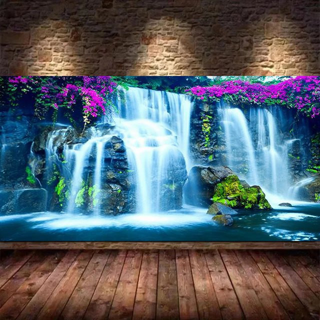 Fullcang Diamantmalerei-Set Landschaft Wasserfall als DIY Mosaik-Stickerei in Mehrfarbig, Durchmesser: 80 cm - Bild 1
