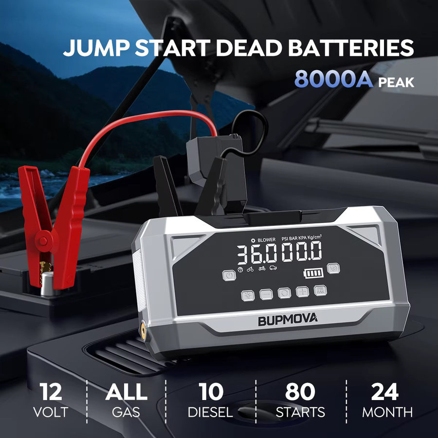 BUPMOVA Powerbank mit 26800mAh und 1500A Starthilfe, tragbarer Auto-Booster mit LED-Taschenlampe für Benzin- und 10L-Dieselmotoren, Schwarz - Bild 2