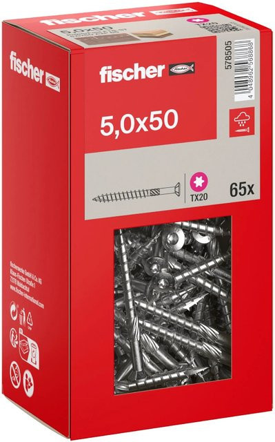 Fischer Terrassenschraube A2 Senkkopf Torx Teilgewinde aus Edelstahl in Silber, Durchmesser: 5 mm, Länge: 50 mm, 65 Stück - Bild 1