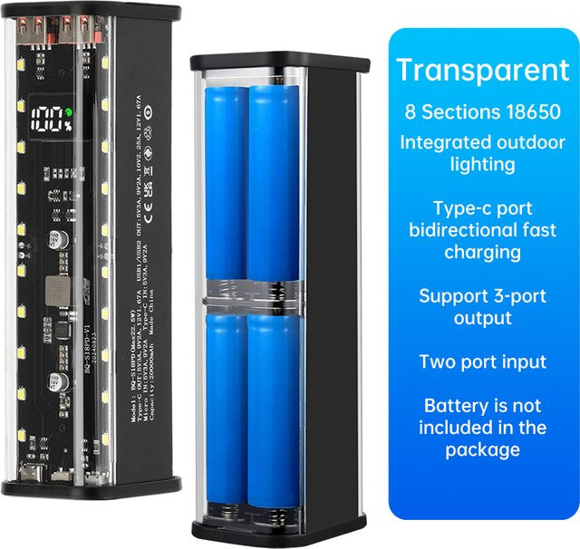 diymore DIY-Kit Powerbank-Gehäuse Mecha-Design, 8-Fach für 18650/21700 Akkus, Transparent Orange mit USB-C Schnellladegerät - Bild 1