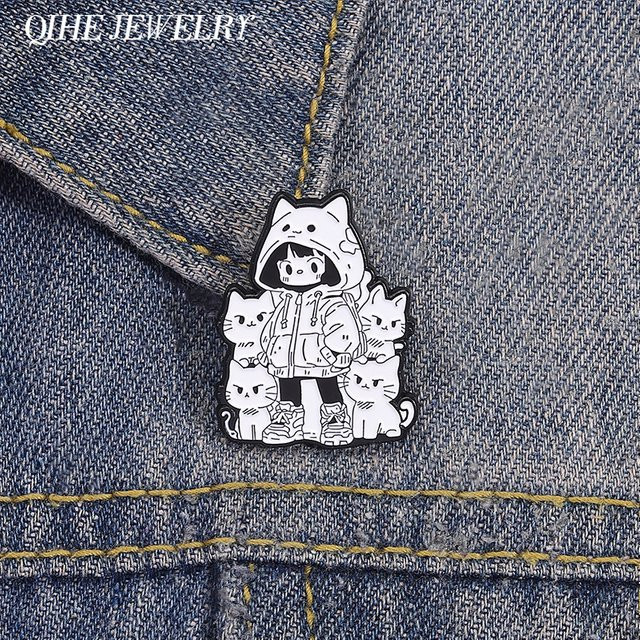 QIHE JEWELRY Brosche Anime Mädchen & Katze, Emaille, Kinder - Bild 1