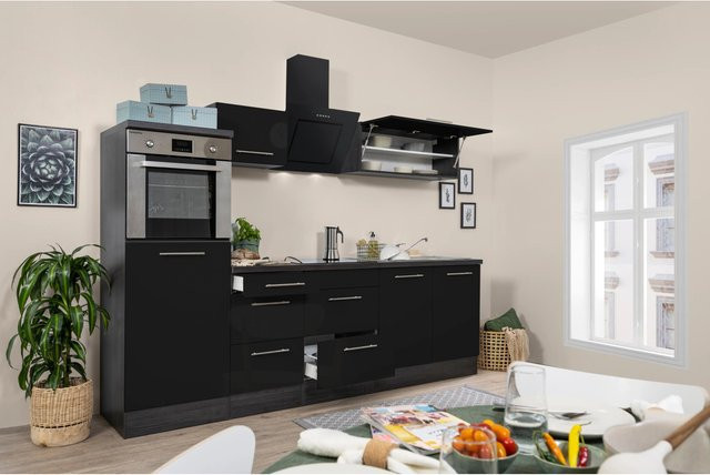 Respekta Premium Küchenzeile Hochbau Schwarz Hochglanz und Eiche Grau mit Soft-Close-Türen und Schubladen - Bild 1