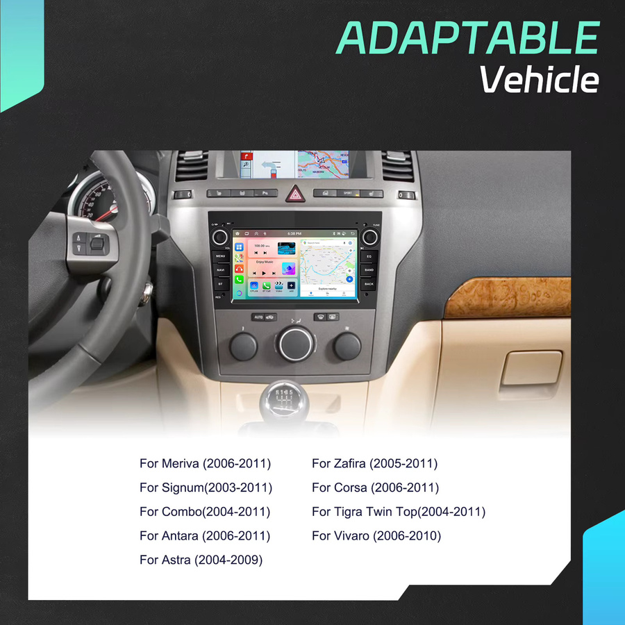 Podofo Android Autoradio mit 7 Zoll Display, 6GB RAM und 128GB Speicher, CarPlay und Android Auto, GPS, WiFi und Bluetooth, Schwarz, passend für Opel Astra Antara Vectra Corsa Zafira Meriva Vivaro Combo Signum Tigra Twin Top - Bild 2