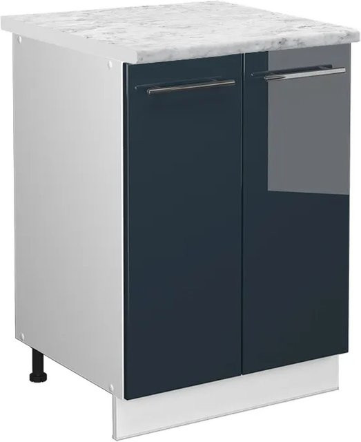 Vicco Küchenunterschrank Fame-Line Dunkelblau Hochglanz und Weiß mit Arbeitsplatte in Marmor-Optik, Breite: 60 cm - Bild 1