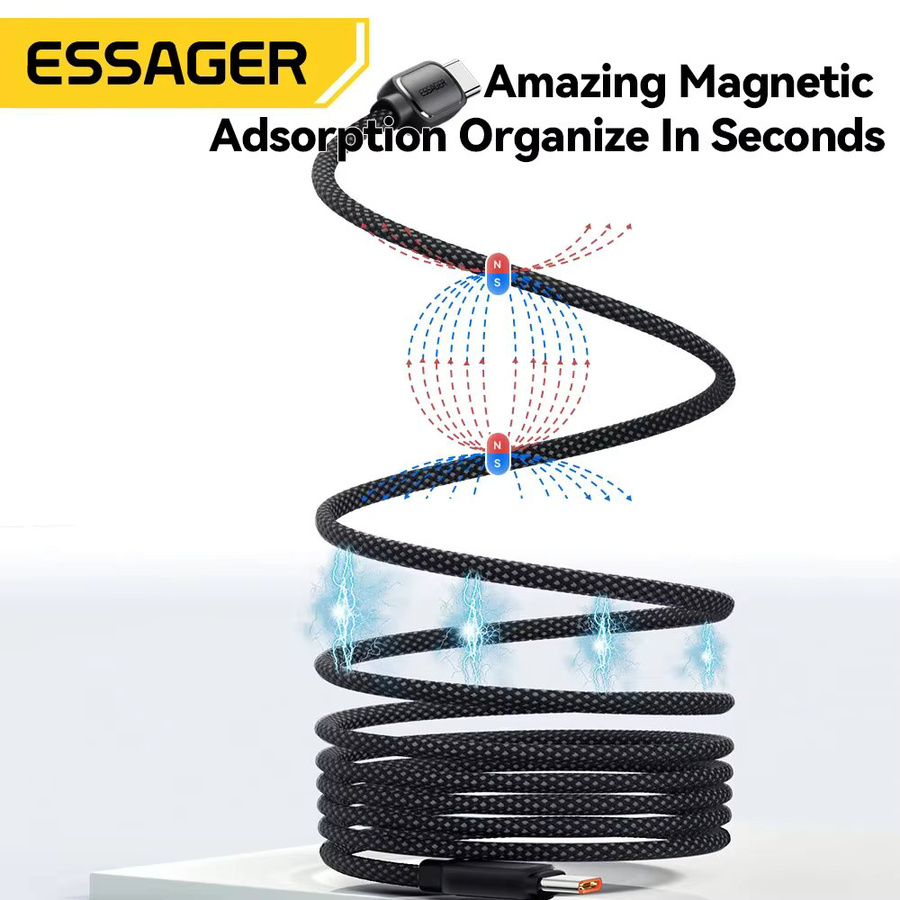 Essager USB-C zu USB-C Schnellladekabel mit magnetischer Absaugung gegen Kabelsalat, 100W PD, Schwarz - Bild 3