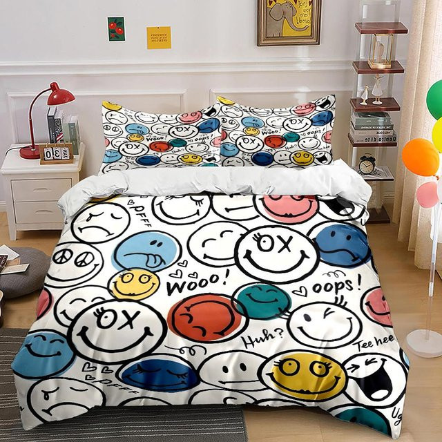 Flylo Bettwäsche-Set mit Cartoon-Smiley-Gesichter-Muster, Mehrfarbig, B/H: 135 x 200 cm - Bild 1