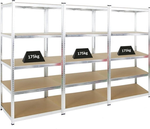 PROREGAL Ragnar 3er Set Schwerlastregal aus Metall und MDF-Holzplatten, Farbe Silber, H x B x T: 180 x 90 x 60 cm