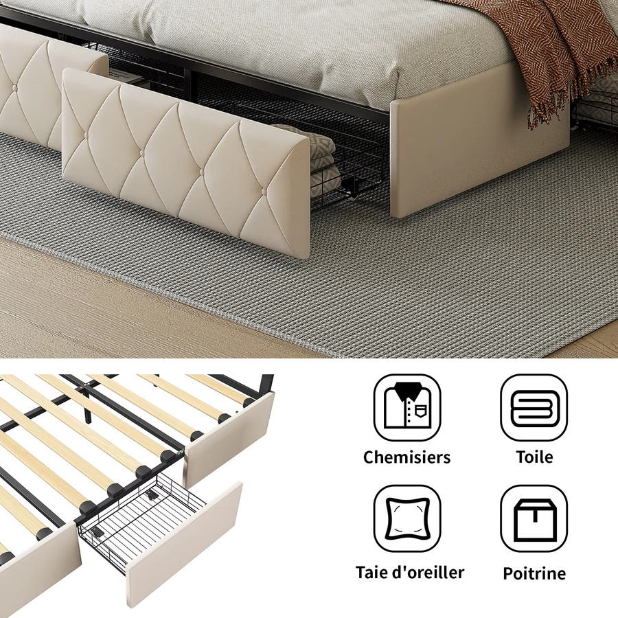 Anajqaqia Doppelbett mit 4 Schubladen aus gepolstertem PU-Leder in Beige, B/T/H: 160 x 200 cm - Bild 3