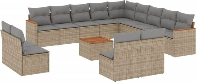 vidaXL 14-tlg. Garten-Sofagarnitur in L-Form aus Poly-Rattan und Akazienholz mit Kissen, Beige - Bild 1