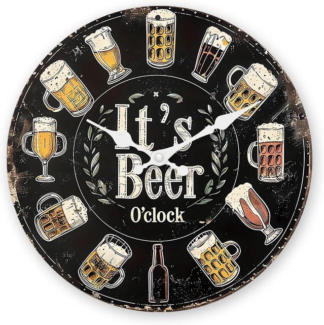 Linyi Toy Retro Wanduhr aus Holz mit Bier-Muster in Schwarz, Durchmesser: 30,48 cm - Bild 1