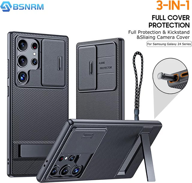 Samsung Galaxy S24 Ultra Schutzhülle mit Kameraabdeckung und Ständer in Schwarz, ultradünn und stoßfest - Bild 1