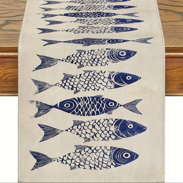 JINGYUE Pet Tischläufer aus Leinen mit Fischmuster in Blau, Grau und Weiß, B/H: 150 x 33 cm - Bild 1