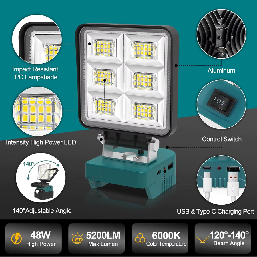 T-SUNRISE Tragbare LED-Arbeitsleuchte mit Haken und verstellbarem Standfuß, wiederaufladbare LED-Flutlichtlampe in Schwarz, 100W - Bild 5