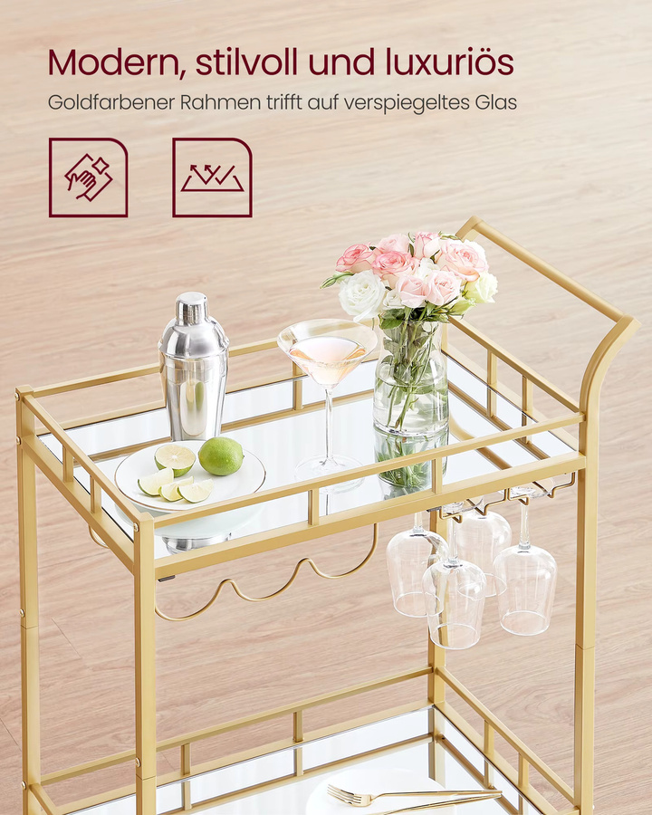 VASAGLE Barwagen mit Gläserhalter und zwei verspiegelten Glasablagen in Gold und Silber für Küche und Esszimmer - Bild 2