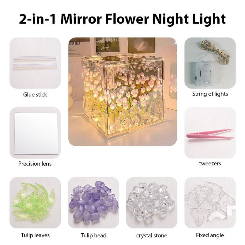 GoolRC DIY Tulpenlampe 2-in-1 Spiegel und Blumen Nachtlicht aus Acryl in Rosa - Bild 2