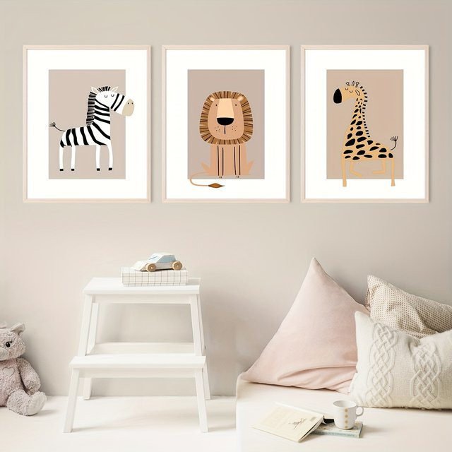 Potdemiel 3er Set Boho Wandkunst Leinwand mit Tierdrucken wie Giraffe, Zebra und Löwe in Mehrfarbig für Kinderzimmer und Zuhause - Bild 1