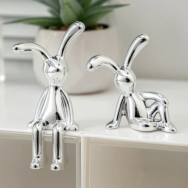 Set aus 2 dekorativen Kaninchen-Statuen im Cartoon-Stil, silberfarbene Tischdekoration für Wohnzimmer, Schlafzimmer oder Auto - Bild 1