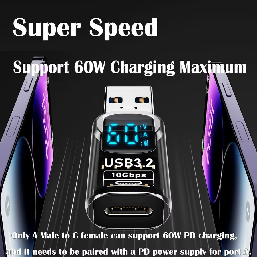 Digitaler USB-C-Leistungstester mit LED-Anzeige und Smart Chip für USB 3.2 Datenübertragung 10 Gbit/s, transparent - Bild 4