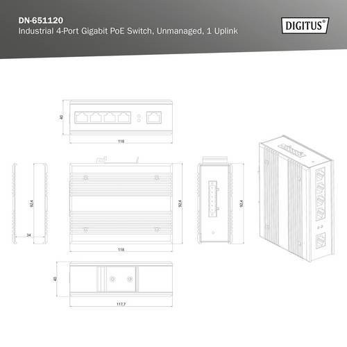 Digitus Industrial Ethernet Switch DN-651120 unmanaged 4 Port Gigabit PoE+ mit 1 Port Uplink für Desktop oder DIN-Schiene - Bild 1