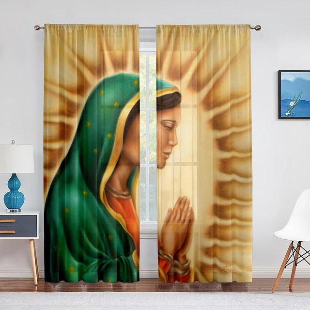 Transparente Voile-Vorhänge mit mexikanischem Motiv Unsere Liebe Frau von Guadalupe, florale Chiffon-Tüll-Vorhänge für Wohnzimmer und Schlafzimmer, 2er-Set, Breite: 65 cm, Höhe: 60 cm - Bild 1