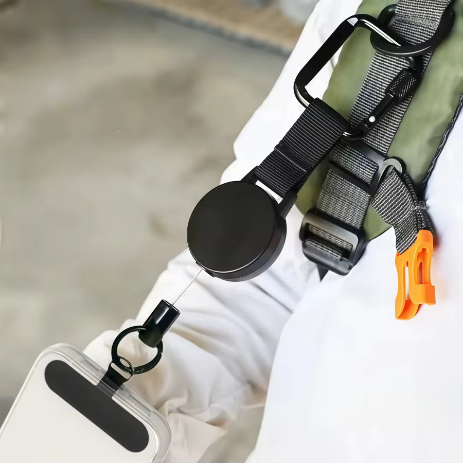 Diebstahlsicheres Handy-Trageband in Schwarz mit einziehbarem Sicherungsband, Karabiner und Gürtelclip für Handy und Tablet - Bild 3