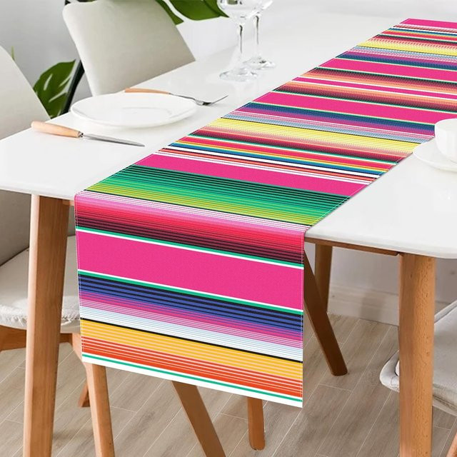 JINGYUE Pet Tischläufer aus Leinen mit mexikanischem Streifenmuster in Pink, B/T: 150 x 33 cm - Bild 1