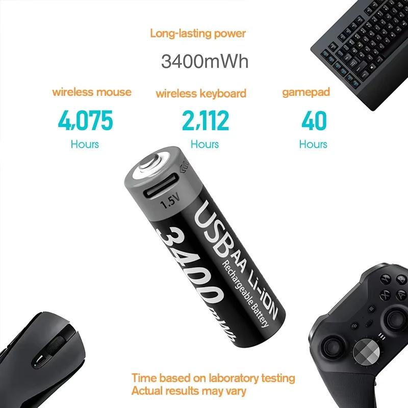 WHITECRANE Wiederaufladbare AA-Lithium-Batterie mit USB Typ C, 1,5 V, 3400 mAh, Schwarz - Bild 4