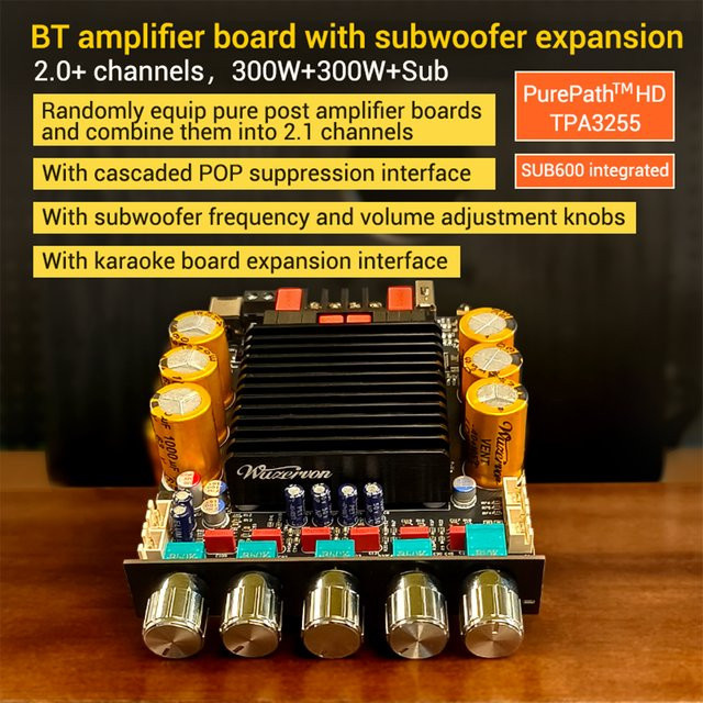 CUGUU ZK-SUB600 Bluetooth-Verstärkerplatine mit Subwoofer-Erweiterung, 2.1 Kanal, TPA3255-Chip, Schwarz - Bild 1