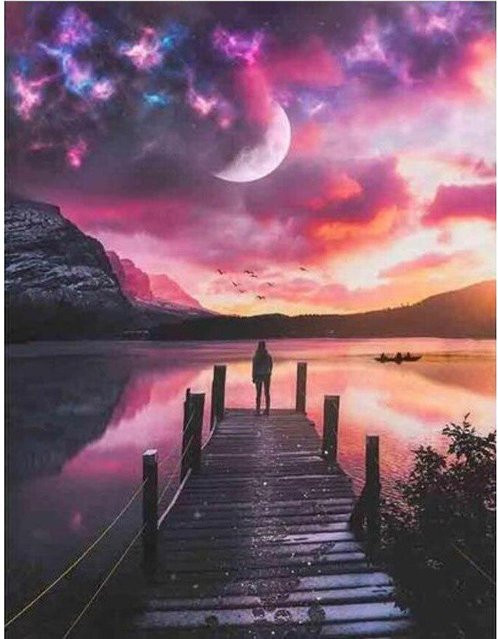 Diamond Painting FIYO Sunset Wharf Landscape Motiv in Pink, Vollrunde Diamantstickerei als Kreuzstich, Breite: 30 cm, Höhe: 20 cm - Bild 1