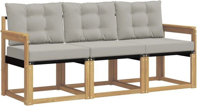 vidaXL Outdoor-Sofagarnitur 3-teilig aus Akazienholz und Textilene in Weiß-Hellgrau mit Kissen und Armlehnen - Bild 1