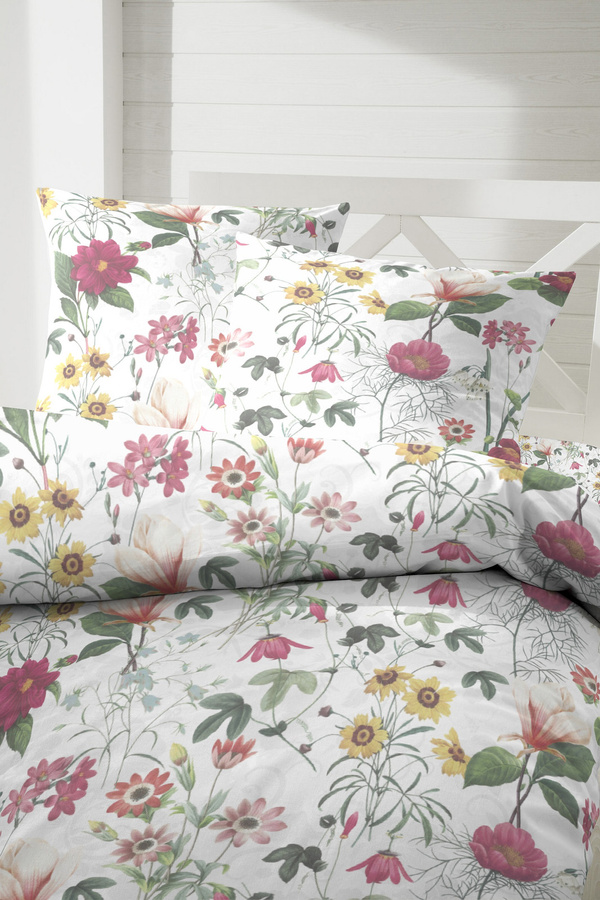 Primera Mako-Satin Bettwäsche aus Baumwolle mit Blumen-Magnolien-Print in Weiß, Grün und Pink, B/H: 135 x 200 cm mit Kissenbezug 80 x 80 cm - Bild 1