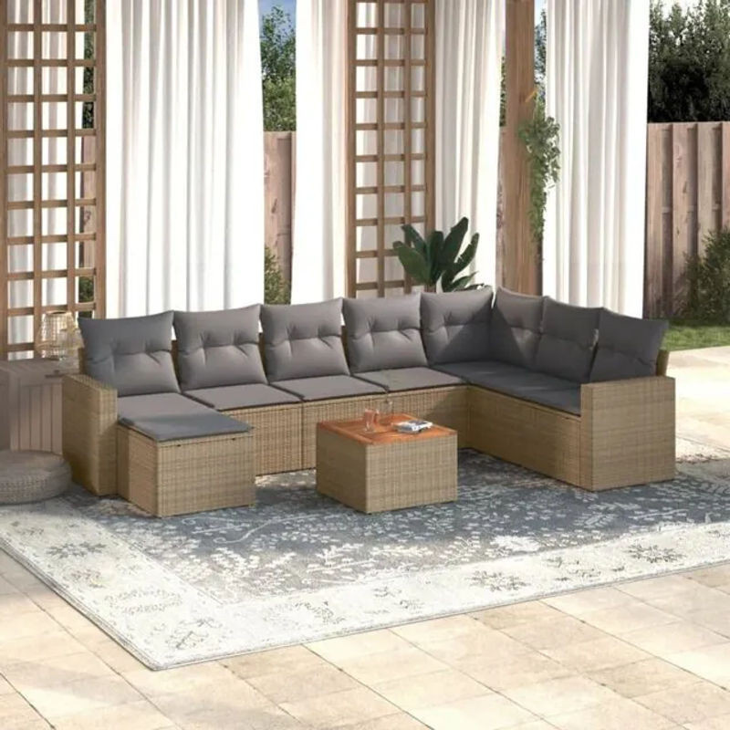 9-tlg. vidaxl Garten-Sofagarnitur aus Polyrattan mit Kissen in Beige und Grau - Bild 1