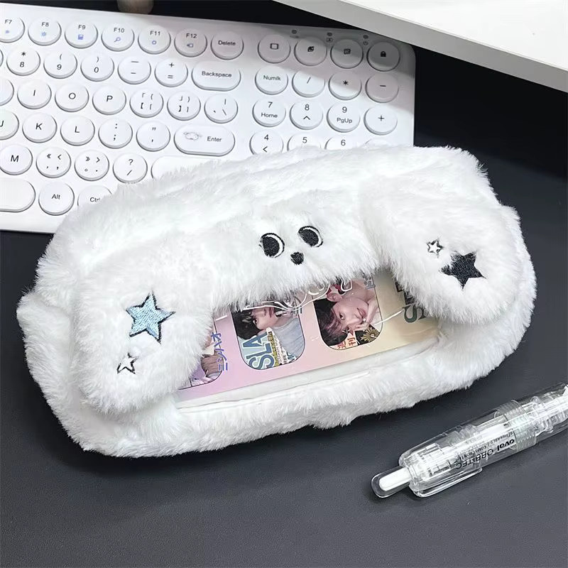 Niedliches Plüsch-Stiftetui in Katzenform mit Sichtfenster, weißes Kawaii-Etui aus Textil für Schule und Büro - Bild 5