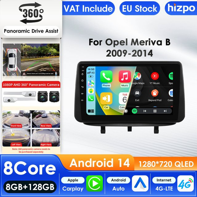 Hizpo Android 14 Autoradio für Opel Meriva B 2009-2014 mit 9 Zoll Display, GPS, 4G und Carplay in Schwarz - Bild 1
