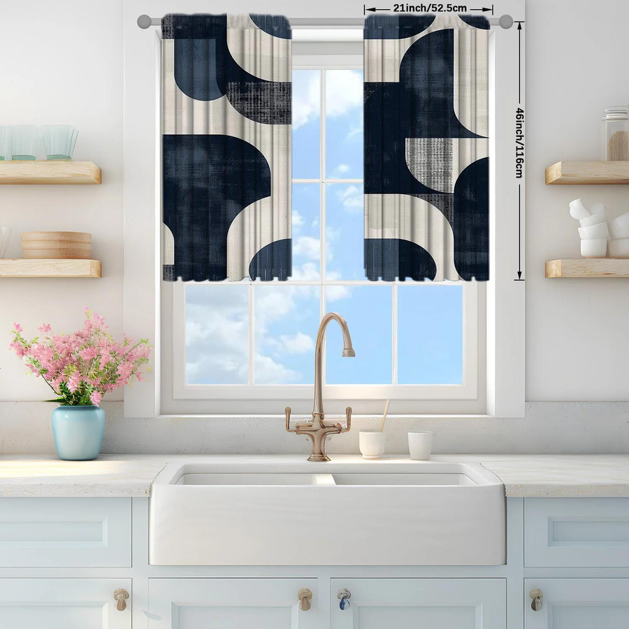 2er-Set Kunstbedruckte Vorhänge von Household supplies MH in Blau und Weiß, semi-transparent mit modernem Grafikdesign, Breite: 107 cm, Höhe: 160 cm - Bild 4