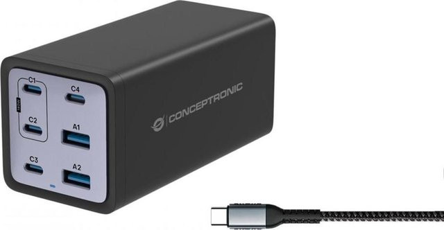 Conceptronic 3-in-1 Ladegerät 200W mit 4x USB-C und 2x USB-A in Schwarz (OZUL06BE) - Bild 1