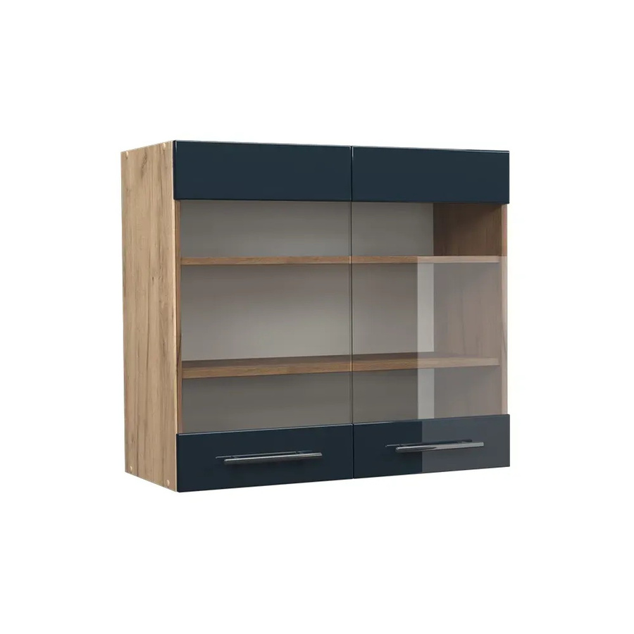 Vicco Glashängeschrank Fame-Line Küchenschrank in Dunkelblau Hochglanz und Eiche mit Glastüren und Soft-Close-Scharnieren B: 80 cm, H: 72 cm, T: 34,1 cm - Bild 3