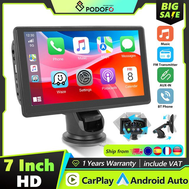 Podofo Carplay Autoradio mit Android Auto, Mirror Link und Airplay, Multimedia-Player mit Nachtsicht, EQ-Sound, FM und Bluetooth in Schwarz - Bild 1