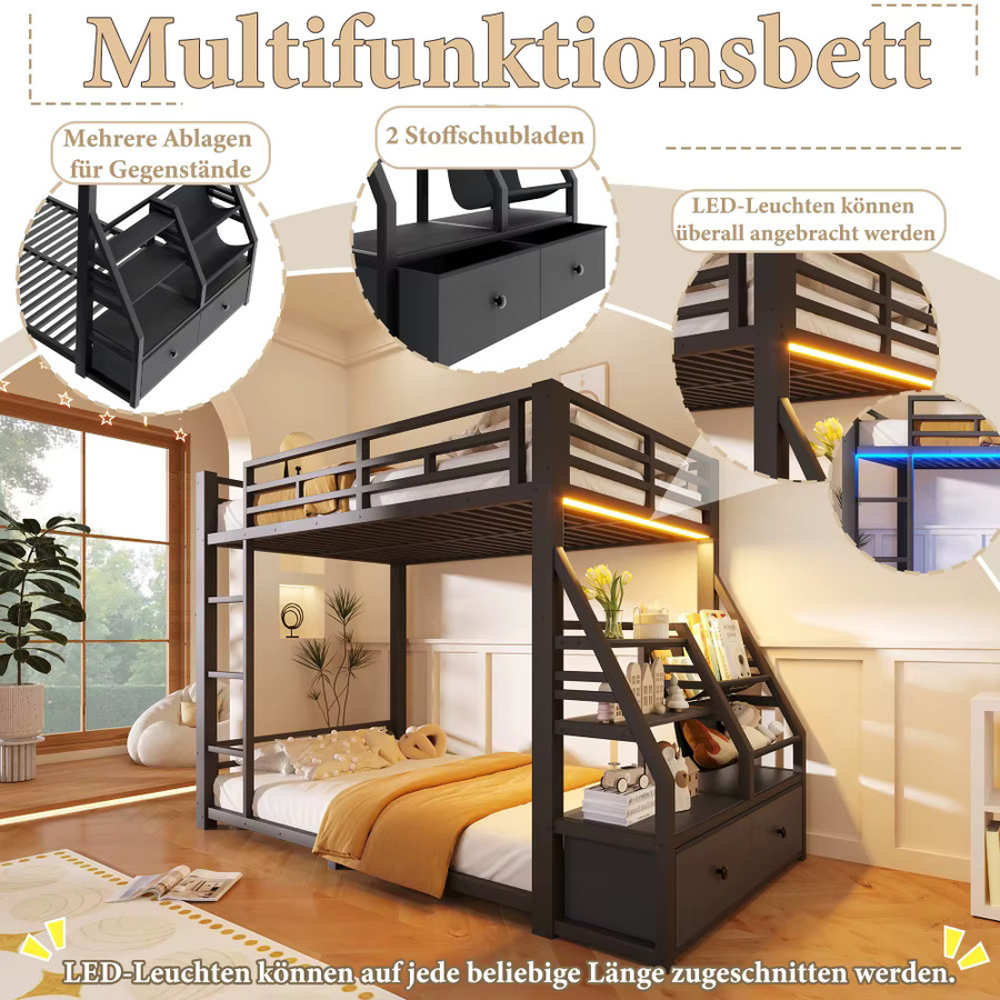 Multifunktionales Metall-Etagenbett für Kinder mit LED-Beleuchtung, 2 Stoffschubladen und Ablageflächen, robustes Bettgestell mit Sicherheitsgeländer und Leiter, B/T: 90 x 200 cm - Bild 6