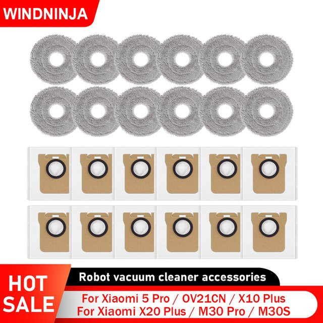 WINDNINJA Staubbeutel und Mopp Pads Ersatzset in Weiß für Xiaomi 5 Pro OV21CN X10 Plus X20 Plus M30 Pro M30S Roboter Staubsauger Zubehör - Bild 1