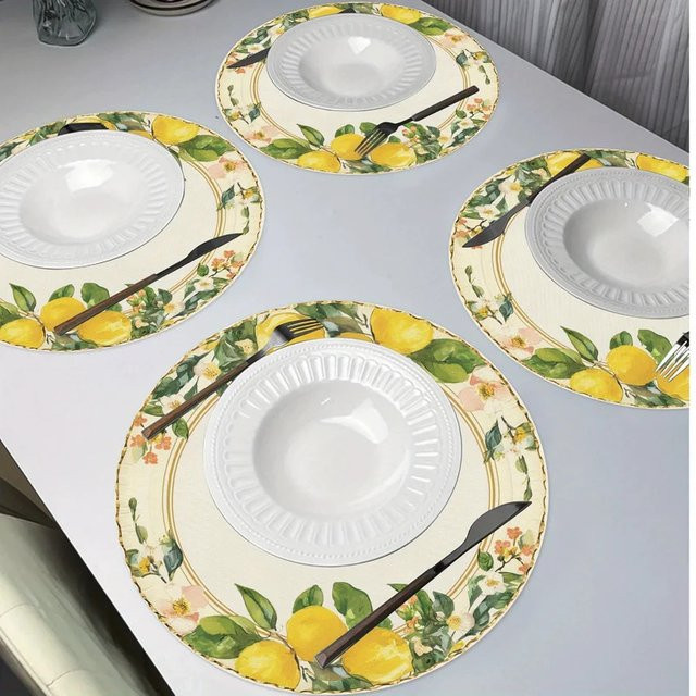 VIKAMA 4-teiliges Set runde Tischsets mit Zitronenmuster in Gelb, rutschfest - Bild 1