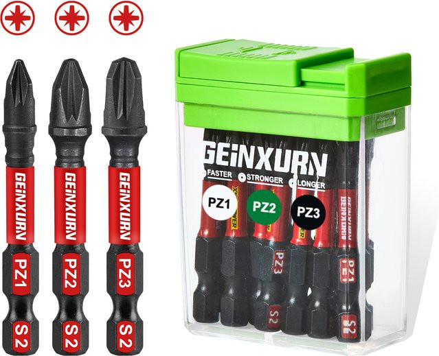 Geinxurn 15-teiliges Impact Pozi-Schraubendreher-Bit-Set aus S2-Stahl in Grün mit Aufbewahrungsbox - Bild 1