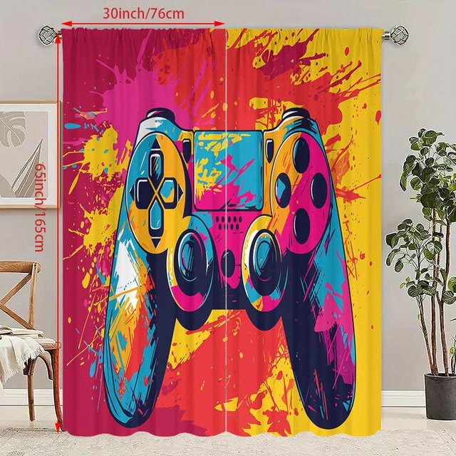 2er-Set bedruckte Vorhänge aus Polyester in Gelb und Multicolour, semi-transparent, B: 60 cm, H: 150 cm - Bild 1