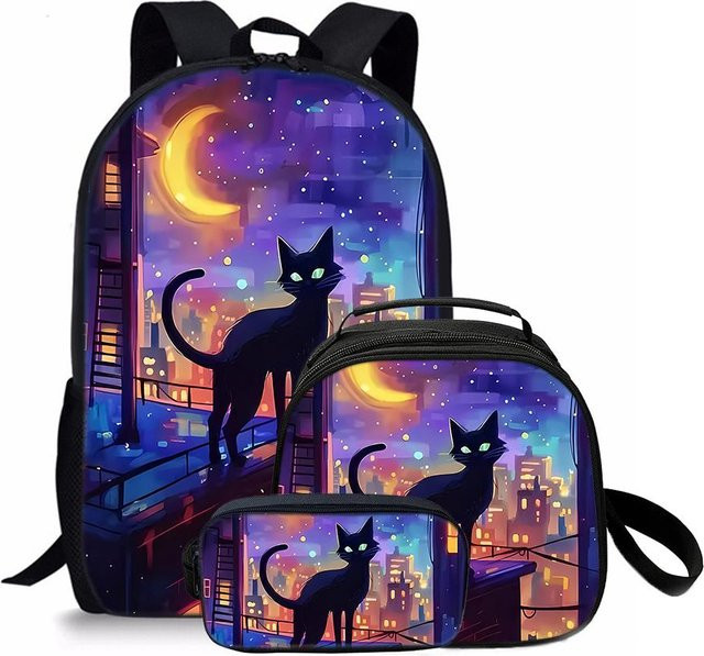 BAOERYE 3-teiliges Set für Kinder mit Katzen-Motiv bestehend aus Rund-Lunchtasche, Federmäppchen und Rucksack in Mehrfarbig - Bild 1