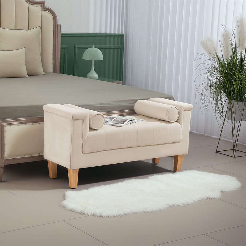 HOMCOM Polsterbank mit Chenille-Bezug und Armlehnen in Beige, Sitzbank mit 2 Zylinder-Kissen und Holzrahmen für Schlafzimmer, Wohnzimmer oder Flur, B/T/H: 115 x 44 x 58 cm - Bild 2