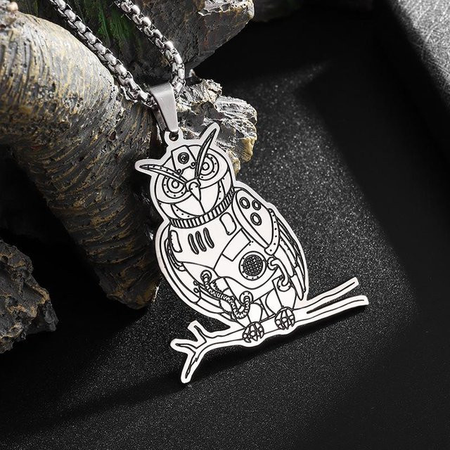 YIRAN Jewelry Halskette, Eule Steampunk Zahnrad, Edelstahl, Silber, Unisex - Bild 1
