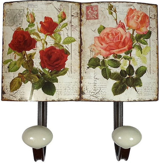 Wandgarderobe im Blechschild-Look mit Rosen-Nostalgie-Design und 2 Haken, B/H: 21 x 21 cm, Multicolour - Bild 1