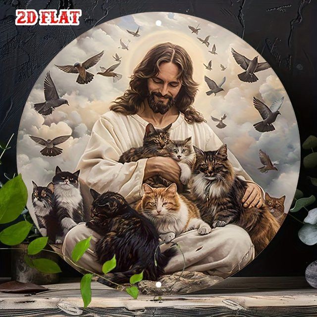 CIFBUY Vintage Jesus mit Katzen Wandkunst Rundes Aluminium Metallschild für Home Bar Cafe Dekor - Bild 1