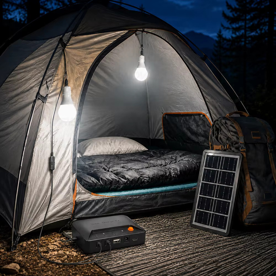 Tragbares Notfall-Beleuchtungsset für Camping mit Solarpanel, Doppel-LED-Lampen in Weiß, schwarzes Gehäuse mit USB-Ladeanschluss und integriertem Akku - Bild 2