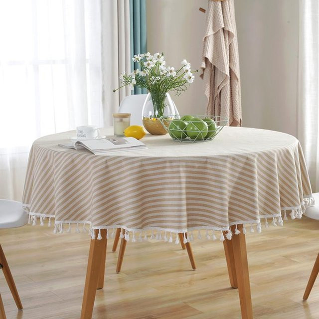 Gestreifte runde Tischdecke aus Baumwolle und Leinen mit Quasten in Beige, Durchmesser: 130 cm - Bild 1